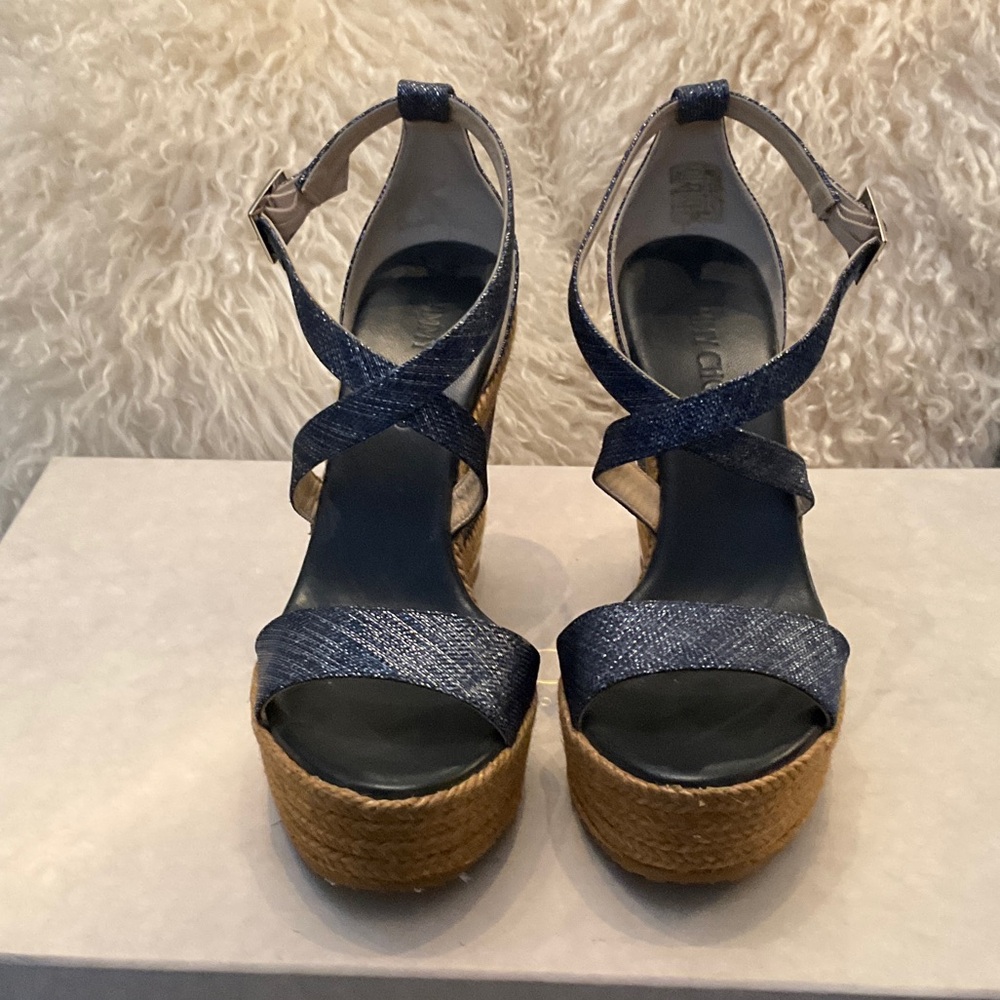 Jimmy Choo Portia Denim espadrille metallic blue wedge. Summer Edition…